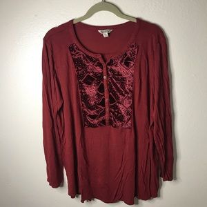 3/20$ Lucky brand red velvet bib long sleeve button top